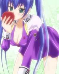 1girl apple blue_hair breasts female_focus food fruit green_eyes highres kuroki_kurumi r-15_(series) school_uniform screencap solo twintails