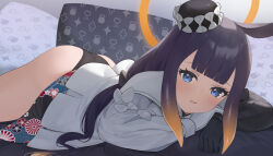 Rule 34 | 1girl, ass, black panties, black pantyhose, blue eyes, gloves, halo, hat, highres, hololive, hololive english, long hair, looking at viewer, lying, mini hat, ninomae ina&#039;nis, ninomae ina&#039;nis (party dress), on stomach, open mouth, panties, pantyhose, pillow, purple hair, s.w, smile, solo, tentacle hair, underwear, virtual youtuber