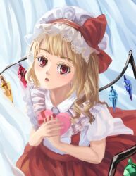 Rule 34 | 1girl, adapted costume, blonde hair, blunt bangs, box, collared shirt, commentary, cowboy shot, crystal, english commentary, flandre scarlet, frilled shirt collar, frills, gift, gift box, hat, hat ribbon, holding, holding gift, long hair, mob cap, multicolored wings, one side up, own hands together, puffy short sleeves, puffy sleeves, red ribbon, red skirt, ribbon, sasurai no kuchibuefuki, shirt, short sleeves, simple background, skirt, solo, suspender skirt, suspenders, touhou, white hat, white shirt, wings