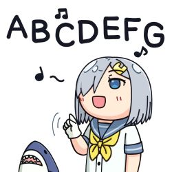 Rule 34 | 1girl, alphabet, blue eyes, commentary request, eighth note, grey sailor collar, hair ornament, hair over one eye, hairclip, hama! (3toshinhmkz), hamakaze (kancolle), index finger raised, kantai collection, music, musical note, neckerchief, no nose, quarter note, sailor collar, school uniform, serafuku, short hair, silver hair, simple background, singing, solo, stuffed animal, stuffed shark, stuffed toy, upper body, white background, yellow neckerchief