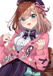 Rule 34 | 1girl, :3, absurdres, blue eyes, blush, bow, bowtie, brooch, brown hair, dot nose, hair bow, hair ornament, hairclip, hands up, hat, heart, highres, jacket, jewelry, long sleeves, looking at viewer, medium hair, nijisanji, pink bow, pink jacket, purple bow, purple bowtie, purple skirt, shirt, simple background, skirt, sleeves past wrists, smile, solo, suzuhara lulu, taiga (ryukyu-6102-8), white background, white shirt, x hair ornament