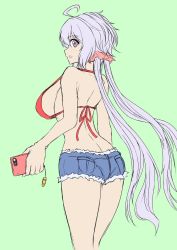 Rule 34 | 1girl, ahoge, artist request, ass, bad id, bad twitter id, bikini, bikini top only, breasts, cellphone charm, charm (object), highres, large breasts, light purple hair, long hair, looking at viewer, low twintails, phone strap, purple eyes, senki zesshou symphogear, short shorts, shorts, sideboob, solo, swimsuit, twintails, very long hair, yukine chris