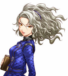 Rule 34 | 1girl, atlus, book, eyelashes, from side, hair between eyes, hairband, highres, lipstick, long hair, makeup, margaret, margaret (persona), persona, persona 4, segami daisuke, silver hair, simple background, solo, wavy hair, white background, yellow eyes