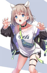 Rule 34 | 1girl, animal ears, artist name, black collar, black hairband, black jacket, black shorts, blue eyes, breasts, brown hair, claw pose, collar, collarbone, commentary request, earrings, fake animal ears, fanny pack, grey background, hairband, highres, idolmaster, idolmaster shiny colors, jacket, jewelry, konnyaku (kk-monmon), leaning forward, long sleeves, looking at viewer, open clothes, open jacket, open mouth, puffy long sleeves, puffy sleeves, serizawa asahi, shirt, short shorts, shorts, signature, small breasts, solo, standing, two-tone background, white background, white shirt