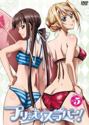 Rule 34 | 2girls, ass, ass-to-ass, ass press, back, bare shoulders, bikini, blonde hair, blue bikini, body blush, breasts, brown eyes, brown hair, butt crack, checkered background, copyright name, cover, cowboy shot, diamond (shape), dimples of venus, dvd cover, from behind, from side, hair bun, hair intakes, hair ribbon, hand on own hip, head tilt, highres, houjouin seika, lace, lace background, large breasts, light smile, long hair, looking at viewer, looking back, low twintails, multiple girls, official art, princess lover, profile, purple eyes, red bikini, ribbon, scan, shadow, short hair, sideboob, sidelocks, silvia van hossen, single hair bun, small breasts, smile, standing, strapless, strapless bikini, striped bikini, striped clothes, surfboard, swimsuit, tankini, twintails, underboob, very long hair