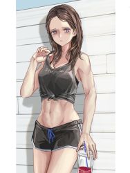 Rule 34 | 1girl, absurdres, black bra, blush, bra, breasts, brown hair, closed mouth, collarbone, cup, eye piercing, feet out of frame, grey shirt, grey shorts, highres, holding, holding cup, lithographica, long hair, looking at viewer, medium breasts, navel, navel piercing, original, piercing, purple eyes, shirt, shorts, simple background, solo, standing, underwear, wall