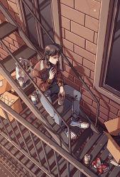 Rule 34 | 1boy, bag, beer can, bomber jacket, bottle, box, brown hair, can, cigarette, denim, drink can, fire escape, holding, holding can, holding cigarette, itou kaiji, jacket, jeans, kaiji, long hair, male focus, outdoors, pants, plastic bag, shoes, sitting, sneakers, solo, stairs, wenny02, window