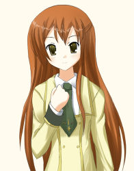 Rule 34 | 00s, 1girl, arm at side, brown eyes, brown hair, buttons, clenched hand, code geass, cowboy shot, green eyes, green necktie, long hair, looking at viewer, lowres, necktie, odaya, odayan, shirley fenette, sidelocks, simple background, solo, uniform, very long hair, white background