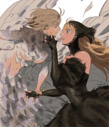 Rule 34 | 2girls, absurdres, bare shoulders, black dress, black gloves, black hood, blonde hair, body fur, brown hair, chimera, commentary, cowboy shot, crying, detached hood, detached sleeves, dress, dungeon meshi, ear covers, elbow gloves, elf, english commentary, eye contact, face-to-face, falin touden, falin touden (chimera), feathered wings, feathers, fingerless gloves, floating hair, gloves, hand up, highres, holding another&#039;s wrist, hood, hood up, light brown hair, long hair, looking at another, marcille donato, marcille donato (lord), monster girl, multiple girls, navel, nude, official alternate costume, parted lips, pointy ears, reaching, short hair, shy (ribboneels), simple background, spoilers, white background, wings