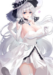 1girl, :d, absurdres, azur lane, bangs, bare shoulders, blue eyes, blush, breasts, cleavage, collarbone, commentary request, cowboy shot, detached collar, dress, elbow gloves, eyebrows visible through hair, garter straps, gloves, hair ornament, hair ribbon, hat, heart, highres, illustrious (azur lane), lace-trimmed headwear, lace trim, large breasts, long hair, looking at viewer, mole, mole under eye, open mouth, ribbon, sapphire (gemstone), sidelocks, simple background, smile, solo, standing, strapless, strapless dress, sun hat, thighhighs, tress ribbon, tri tails, w arms, white background, white dress, white gloves, white hair, white headwear, white legwear, zettai ryouiki, zyousha333