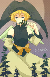 Rule 34 | 1boy, :t, androgynous, areri, arm behind back, bare shoulders, blonde hair, bow, collarbone, copyright name, crossdressing, detached sleeves, eating, elona, eyebrows, gradient background, green eyes, green hat, green shirt, hat, holding, holding plant, jester cap, kumiromi of harvest, long skirt, long sleeves, male focus, motion lines, multicolored background, no nose, plant, shirt, short hair, skirt, sleeveless, sleeveless shirt, solo, turtleneck, white skirt, wide sleeves, yellow bow