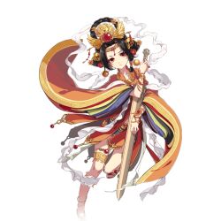 Rule 34 | 1girl, anklet, black hair, bracelet, chinese clothes, earrings, full body, hair ornament, headdress, holding, holding sword, holding weapon, honkai (series), honkai impact 3rd, jewelry, jian (weapon), jixuanyuan, official art, orange eyes, sandals, sword, thighlet, third-party source, transparent background, weapon