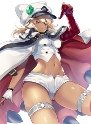 Rule 34 | 1girl, bandages, bandaged arm, bandages, breasts, brown eyes, cape, clover, commentary request, crop top, dark skin, dark-skinned female, fingerless gloves, four-leaf clover, gloves, gluteal fold, guilty gear, guilty gear strive, highres, hinata sora, medium breasts, medium hair, navel, o-ring, platinum blonde hair, ramlethal valentine, short shorts, shorts, single fingerless glove, skindentation, solo, stomach, thigh strap, white shorts
