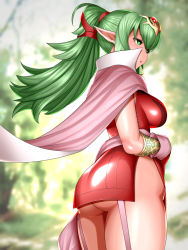 Rule 34 | 1girl, :o, ass, breasts, cape, fire emblem, fire emblem awakening, forest, garter straps, green eyes, green hair, long hair, looking back, nature, nintendo, no panties, open mouth, pelvic curtain, pointy ears, ponytail, solo, tiki (fire emblem), uncats