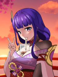 Rule 34 | 1girl, armor, blunt bangs, bow, bowtie, braid, breasts, bubble tea, bubble tea challenge, cleavage, commentary request, cup, disposable cup, drinking, drinking straw, drinking straw in mouth, genshin impact, hair ornament, highres, japanese clothes, long hair, looking at viewer, low-braided long hair, low-tied long hair, low ponytail, obi, purple eyes, purple hair, raiden shogun, rullocu, sash, shoulder armor, sidelocks, single braid, smile, solo, v, vision (genshin impact), wide sleeves