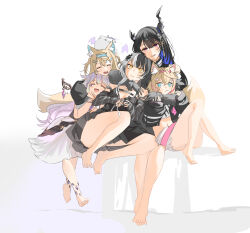 Rule 34 | 5girls, animal, animal ear fluff, animal ears, animal on head, asymmetrical horns, bandaid, bandaid hair ornament, barefoot, belt, belt collar, black collar, black hair, black jacket, blonde hair, blue belt, blue brooch, blue eyes, blue hair, blue hairband, breasts, center frills, cleavage cutout, clothing cutout, collar, colored inner animal ears, cropped shirt, crossed bangs, crystal horns, cutout above navel, detached collar, dog ears, dog girl, dog tail, double-parted bangs, dress, fake horns, feet, frilled shirt collar, frilled sleeves, frills, fur-trimmed jacket, fur trim, fuwawa abyssgard, fuwawa abyssgard (1st costume), grey hair, group hug, hair between eyes, hair intakes, hair ornament, hairband, hairclip, headphones, headphones around neck, holoadvent, hololive, hololive english, horns, hug, jacket, jewelry, koseki bijou, koseki bijou (1st costume), large breasts, light brown hair, long hair, long sleeves, midriff, mococo abyssgard, mococo abyssgard (1st costume), multicolored hair, multiple girls, nerissa ravencroft, nerissa ravencroft (1st costume), on head, open mouth, perroccino (fuwamoco), pink belt, pink brooch, pink eyes, pink hair, red eyes, ring, set7, shiori novella, shiori novella (1st costume), short dress, siblings, sisters, sitting, streaked hair, tail, twins, two side up, virtual youtuber, white dress, white hair, x hair ornament, yellow eyes