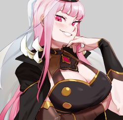 Rule 34 | 1girl, blunt bangs, breasts, cleavage, cleavage cutout, clothing cutout, commentary, grey background, hand up, hololive, hololive english, large breasts, long hair, mori calliope, parted lips, pink eyes, pink hair, simple background, smile, solo, upper body, veil, virtual youtuber, zambiie