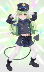Rule 34 | 1girl, blue archive, blush, breasts, full body, green hair, halo, hat, highres, hikari (blue archive), long hair, looking at viewer, pantyhose, peaked cap, pointy ears, sidelocks, small breasts, solo, yamaneko (tkdrumsco), yellow eyes