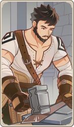 Rule 34 | 1boy, anvil, apron, artist request, bad source, bandaged arm, bandages, beard, black eyes, black hair, blacksmith, cross-laced slit, facial hair, genshin impact, male focus, mature male, muscular, muscular male, mustache, official art, pectoral cleavage, pectorals, short hair, solo, sword, thick eyebrows, wagner (genshin impact), waist apron, weapon