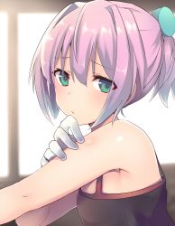 Rule 34 | 10s, 1girl, absurdres, alternate costume, aqua eyes, bare shoulders, camisole, dyson (edaokunnsaikouya), from side, gloves, hair between eyes, hair ornament, highres, kantai collection, looking at viewer, pink hair, ponytail, revision, shiranui (kancolle), short hair, short ponytail, sleeveless, solo, upper body, white gloves