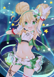 Rule 34 | 1girl, :d, albacore (azur lane), albacore (muse) (azur lane), arm up, armband, armpits, azur lane, bare shoulders, belt, blonde hair, blush, breasts, commentary request, cowboy shot, crop top, double bun, fang, garter straps, gloves, green eyes, green vest, groin, hair between eyes, hair bun, hair ornament, headset, highres, idol, long hair, looking at viewer, midriff, navel, official alternate costume, open mouth, saekiya sabou, shirt, short shorts, shorts, sidelocks, single thighhigh, skin fang, skindentation, sleeveless, sleeveless shirt, small breasts, smile, solo, stage lights, standing, star (symbol), starry background, thighhighs, twitter username, vest, white belt, white gloves, white shirt, white shorts, white thighhighs