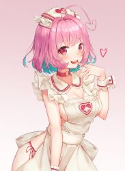 Rule 34 | 1girl, ahoge, apron, arm at side, blue hair, blush, breasts, choker, cleavage, collar, collarbone, finger to mouth, finger to tongue, frilled apron, frilled collar, frilled wrist cuffs, frills, gradient background, hair intakes, hand up, hat, heart, heart-shaped pupils, heart ahoge, heart print, highres, idolmaster, idolmaster cinderella girls, large breasts, looking at viewer, multicolored hair, nail polish, nearly naked apron, nurse cap, open mouth, panties, pink background, pink choker, pink eyes, pink hair, pink nails, pink panties, round teeth, saliva, saliva trail, seero, short hair, side-tie panties, sideboob, skindentation, smile, symbol-shaped pupils, teeth, tongue, two-tone hair, underwear, white apron, white background, wrist cuffs, yumemi riamu, zipper