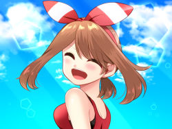 Rule 34 | 1girl, :d, bad id, bad pixiv id, bandana, blouse, breasts, brown hair, collared shirt, creatures (company), game freak, gloves, half-closed eyes, hand up, image sample, looking at viewer, may (pokemon), medium hair, nintendo, open mouth, pokemon, pokemon oras, red bandana, red shirt, shirt, simple background, sky, smile, solo, teeth, tongue, upper body, upper teeth only, yuihico
