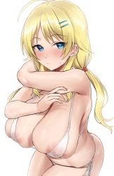 Rule 34 | 1girl, absurdres, ahoge, bare shoulders, bikini, blonde hair, blue eyes, blush, breasts, cleavage, collarbone, covered erect nipples, hachimiya meguru, hair ornament, hairclip, highres, hotate-chan, idolmaster, idolmaster shiny colors, large breasts, long hair, looking at viewer, low twintails, solo, swimsuit, twintails, white bikini