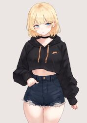 Rule 34 | 1girl, absurdres, alternate costume, arm at side, black choker, black hoodie, blonde hair, blue eyes, blue shorts, bluefield, blush, breasts, choker, commentary, cowboy shot, cropped hoodie, cutoffs, denim, denim shorts, drawstring, grey background, hair behind ear, hand in pocket, high-waist shorts, highres, hololive, hololive english, hood, hoodie, large breasts, legs together, long sleeves, looking at viewer, midriff peek, parted lips, puffy long sleeves, puffy sleeves, short hair, shorts, simple background, sleeves past wrists, solo, standing, symbol-only commentary, thigh gap, virtual youtuber, watson amelia