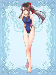 Rule 34 | 1girl, arms behind back, barefoot, black hair, brown eyes, brown hair, competition swimsuit, crossed legs, long hair, one-piece swimsuit, ponytail, psychic hearts, solo, standing, swimsuit, thigh gap, watson cross, yoshino run