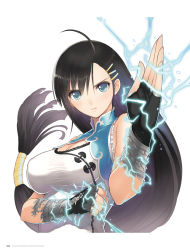 Rule 34 | 1girl, ahoge, bare shoulders, black hair, blade arcus from shining, blue eyes, breasts, cleavage, clenched hand, electricity, fingerless gloves, gloves, hair ornament, hairclip, highres, large breasts, long hair, looking at viewer, low-tied long hair, official art, pairon, serious, shining (series), simple background, solo, taut clothes, tony taka, upper body, very long hair, white background