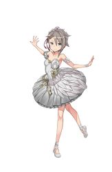 Rule 34 | 1girl, ange (princess principal), armband, ballet slippers, bare shoulders, blue eyes, braid, breasts, circle skirt, dress, feathers, full body, hair ribbon, hand up, highres, looking at viewer, official art, princess principal, princess principal game of mission, ribbon, short hair, small breasts, smile, solo, standing, standing on one leg, tiara, transparent background, white dress, white footwear