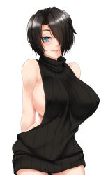 Rule 34 | 1girl, areola slip, backless outfit, bare shoulders, black hair, black sweater, blue eyes, blush, breasts, covered erect nipples, cowboy shot, dress, hair over one eye, halterneck, highres, huge breasts, looking at viewer, meme attire, naked sweater, open mouth, original, ribbed sweater, saya (twrlare), short hair, sideboob, smile, solo, sweater, sweater dress, turtleneck, turtleneck sweater, twrlare, virgin killer sweater, white background