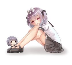 Rule 34 | 2girls, :&lt;, black ribbon, bow, commentary request, fairy (girls&#039; frontline), full body, girls&#039; frontline, hair bow, looking at viewer, multiple girls, norikoseal, personification, purple hair, ribbon, school uniform, shoes, short hair, simple background, sitting, white background, white ribbon