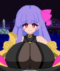 Rule 34 | 1boy, 1girl, animated, blush, breasts, collar, fate/grand order, fate (series), gensin, hetero, large breasts, lowres, paizuri, paizuri under clothes, passionlip (fate), pixel art, purple hair, red eyes, smile