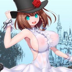 Rule 34 | 1girl, :d, absurdres, arm up, asamura hiori, assassin (lostbelt), black flower, black hat, black rose, blue eyes, blue sky, blush, bow, braid, breasts, brown hair, castle, center frills, charlotte corday (fate), charlotte corday (third ascension) (fate), collared dress, commentary request, covered erect nipples, dress, fate/grand order, fate (series), flower, frills, hair between eyes, hair bow, hand on headwear, hat, hat flower, highres, large breasts, no bra, open mouth, outdoors, purple bow, red flower, red rose, rose, side braid, sideboob, sky, sleeveless, sleeveless dress, smile, solo, teeth, top hat, upper teeth only, white dress, wrist cuffs