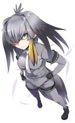 Rule 34 | 10s, 1girl, absurdres, belt, black footwear, bodystocking, bodysuit, breast pocket, breasts, feathers, green eyes, grey hair, grey pantyhose, grey shirt, hand on own hip, head wings, highres, kemono friends, long hair, looking at viewer, looking up, low ponytail, lying, multicolored hair, necktie, on side, outline, pantyhose, pocket, shirt, shoebill (kemono friends), shoes, short sleeves, shorts, side ponytail, simple background, solo, speech bubble, standing, tail, white background, wings, yuuki shin