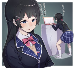 Rule 34 | 1girl, at computer, bad id, bad pixiv id, black hair, black jacket, blue skirt, bow, bowtie, braid, breasts, buttons, cardigan, collared shirt, commentary request, computer, dress shirt, eyebrows, french braid, from behind, full body, hair ornament, hair ribbon, hairclip, hori (hori no su), jacket, laptop, leaning, leaning forward, legs apart, long hair, long sleeves, medium breasts, miniskirt, nijisanji, open mouth, outline, pink bow, pink bowtie, pink ribbon, plaid, plaid skirt, ribbon, shirt, single braid, skirt, smile, socks, solo, standing, straight hair, translation request, tsukino mito, tsukino mito (1st costume), typing, virtual youtuber, white shirt, white socks