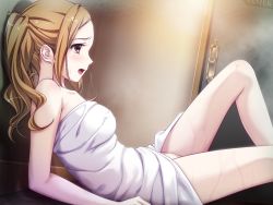 Rule 34 | 1girl, against wall, bare shoulders, blush, breasts, brown eyes, brown hair, game cg, groin, hell guide, kawashima hounami, large breasts, long hair, lying, m no violet, naked towel, open mouth, reclining, santa matsuri, solo, steam, thighs, towel, twintails, wet