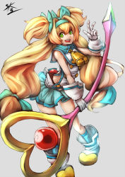 Rule 34 | 1girl, ankle boots, bell, blazblue, blonde hair, boots, capelet, cowbell, flat chest, gloves, green eyes, hairband, heart, heart-shaped pupils, long hair, low-tied long hair, magical girl, miniskirt, muchourin, platinum the trinity, quad tails, skirt, smile, socks, solo, sowel (sk3), staff, symbol-shaped pupils, v, white gloves
