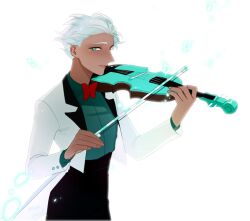 Rule 34 | 1boy, black pants, bow, coat, cookie run, dark-skinned male, dark skin, eyelashes, fingernails, high-waist pants, holding, holding instrument, holding violin, humanization, instrument, long sleeves, looking at viewer, male focus, mint choco cookie, orangekira, pants, parted lips, red bow, short hair, solo, upper body, violin, white coat, white hair