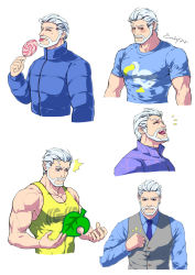 Rule 34 | 1boy, animal crossing, artist name, bara, beard, blouse, blue jacket, blue shirt, blush, candy, closed mouth, collared shirt, evinist, closed eyes, facial hair, food, grey vest, holding, holding candy, holding food, holding lollipop, jacket, large pectorals, leaf, lollipop, male focus, multiple views, muscular, muscular male, necktie, nintendo, open mouth, pectorals, personification, rolf (animal crossing), shirt, short hair, smile, tank top, tongue, tongue out, vest, white hair, yellow tank top