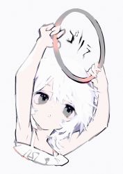 Rule 34 | 1girl, arms up, daydremec, frills, grey background, grey eyes, hair between eyes, holding, looking up, medium hair, parted lips, ring fit adventure, simple background, solo, translation request, white hair, white theme