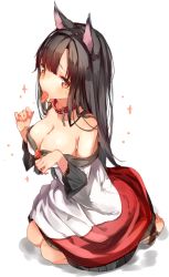 Rule 34 | 1girl, animal ears, bare shoulders, black hair, blush, breasts, cleavage, collarbone, female focus, fingernails, imaizumi kagerou, large breasts, long hair, nail polish, red eyes, red nails, seiza, sitting, solo, tail, toes, tongue, tongue out, touhou, white background, yukizumi remon