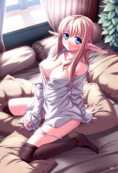 Rule 34 | 1girl, absurdres, areola slip, arm support, bed, black thighhighs, blonde hair, blue eyes, blush, breasts, cleavage, collarbone, covered erect nipples, dress shirt, elf, faata, from above, highres, kannatsuki noboru, light purple hair, long hair, looking at viewer, maou to odore! ii, no pants, off shoulder, panties, panty pull, pointy ears, shirt, sidelocks, sitting, sleeves past wrists, solo, string panties, thighhighs, underwear, wariza, white panties