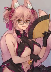 Rule 34 | 1girl, animal ears, bad id, bad twitter id, black gloves, breasts, center opening, china dress, chinese clothes, dress, fate/grand order, fate (series), fox ears, fox tail, glasses, gloves, hand fan, highres, koyanskaya (chinese lostbelt outfit) (fate), koyanskaya (fate), large breasts, navel, pink hair, purin uni, tail, tamamo (fate), underboob, yellow eyes