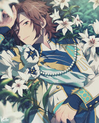 Rule 34 | 1boy, aqua sash, beads, blue shirt, blurry, braid, brown hair, corsage, curtained hair, depth of field, earrings, ensemble stars!, flower, french braid, gold trim, green eyes, hair between eyes, half updo, hand up, highres, holding, holding flower, idol clothes, jacket, jewelry, kiri futoshi, leaf print, lily (flower), long sleeves, looking at viewer, lying, male focus, mikejima madara, multiple rings, on back, on grass, parted lips, ring, sash, shirt, short hair, shoulder sash, sideways glance, single earring, sleeves past wrists, solo, upper body, white flower, white jacket, white lily
