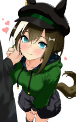 1boy 1girl 1other animal_ears black_hat black_shorts blue_eyes breasts brown_hair cargo_shorts cheval_grand_(umamusume) commentary_request cowboy_shot ear_covers from_above green_hoodie guided_hand_on_cheek hand_on_another&#039;s_face hat heart highres hood hood_down hoodie horse_ears horse_girl horse_tail medium_breasts multicolored_hair peaked_cap shorts smapy_sumataku smile solo_focus streaked_hair tail umamusume white_hair