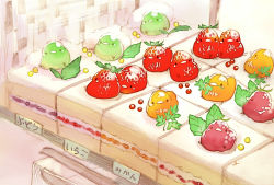 Rule 34 | bird, cake, chai (drawingchisanne), commentary request, cream, dessert, food, food focus, fruit, fruit tart, grapes, highres, leaf, looking at viewer, melon, multiple others, no humans, orange (fruit), original, raspberry, sitting on food, strawberry, strawberry shortcake, tart (food), translation request