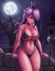 Rule 34 | 1girl, blocks, breasts, crown, curvy, dark purple lips, dark sky, female focus, garter belt, garter straps, goth fashion, hair over one eye, haunted house, holding, large breasts, long hair, looking at viewer, mario (series), moon, moonlight, night, nintendo, outdoors, purple hair, rosalina, saf-404, saf404, skimpy bikini, skimpy clothes, solo, solo focus, standing, super mario galaxy, thick thighs, thighs, video game character